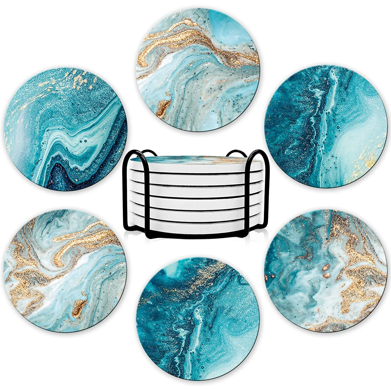 Marble Coaster Set - 브래킷이 포함된 6개 음료 컵받침 세트,