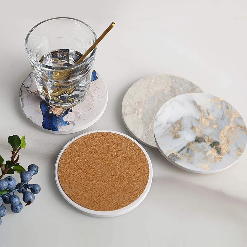 Marble Coaster Set - 흰색 대리석 코스터 코르크 베이스가 있는