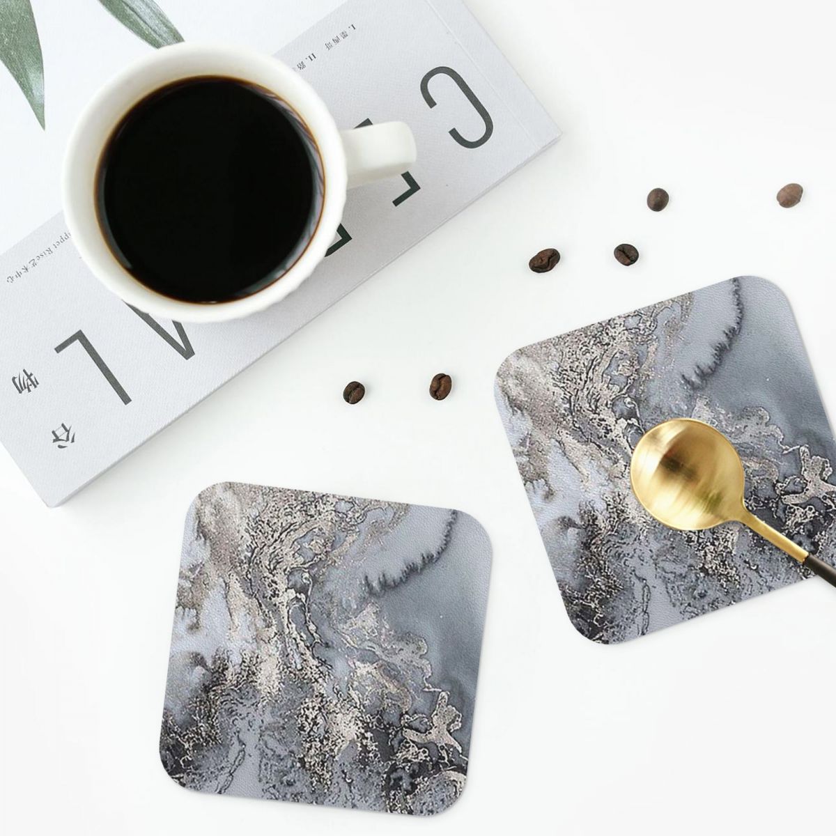 Marble Coaster Set - 회색 및 은색 마블 코스터 PVC