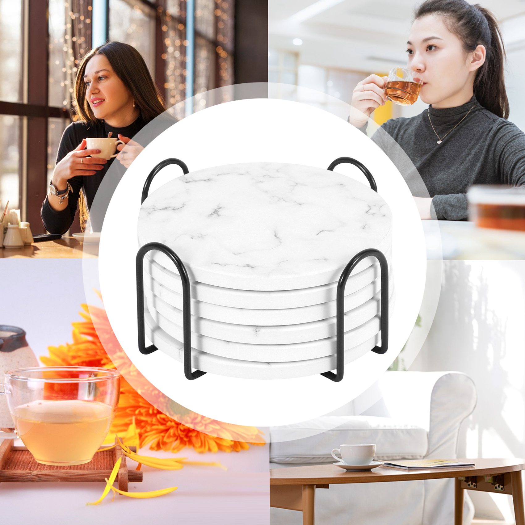 ABAH-음료용 흡수성 컵받침 세트(홀더 포함), 6개 - Marble Coaster Set 리뷰 및 가격